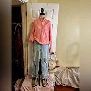 Croft‎ &Barrow Women’s All Cotton Barbie Pink Cable Knit Preppy Zip Sweater L